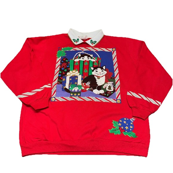 Vintage Spumoni By Franko Red Christmas Cats Presents Collared Sweater Women's L - Picture 1 of 9